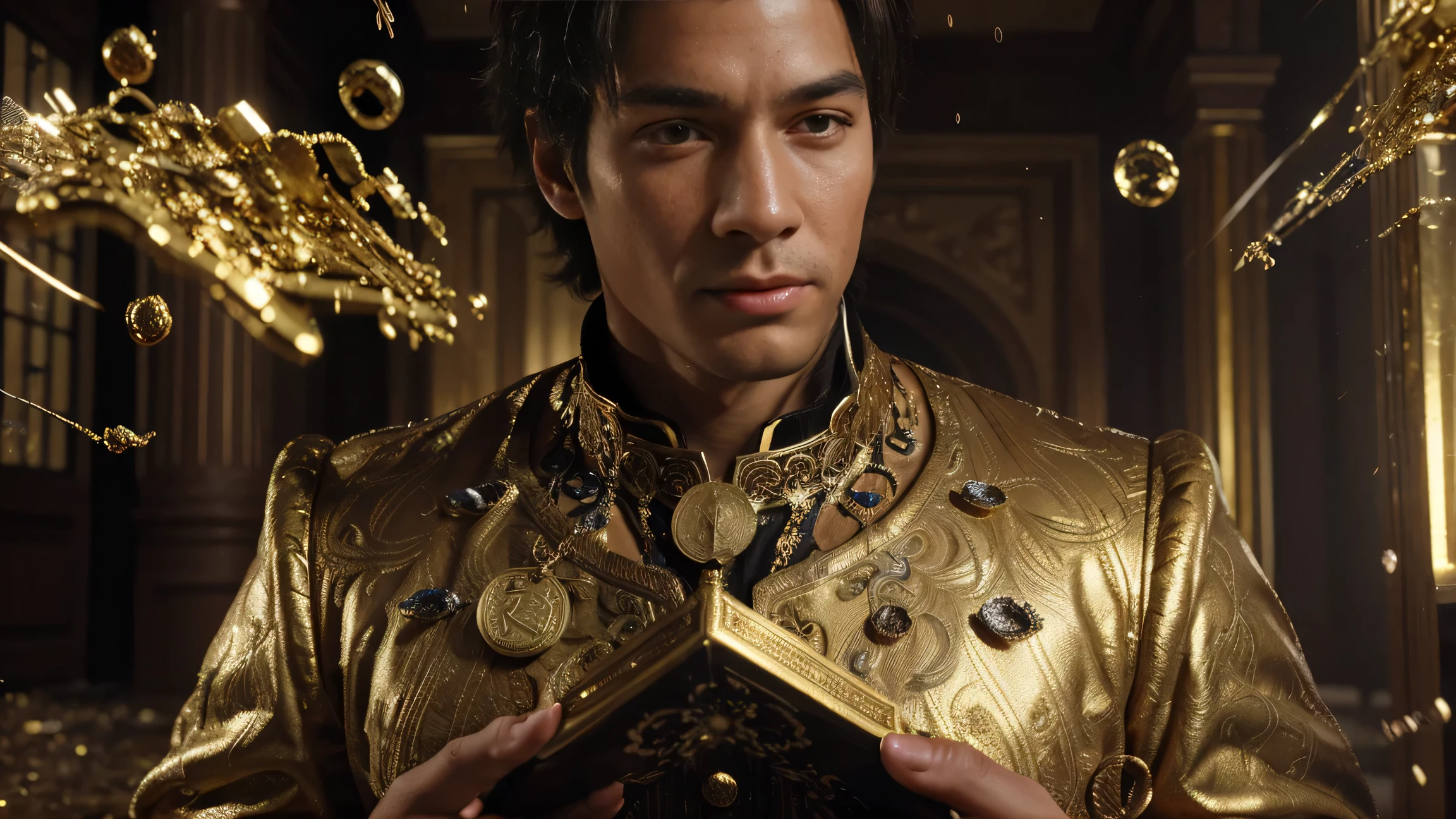 a man in front of a mansion full of gold coins falling from the sky, ultra detailed image, realism, 8k, hyper detailed skin, intense and vivid colors.