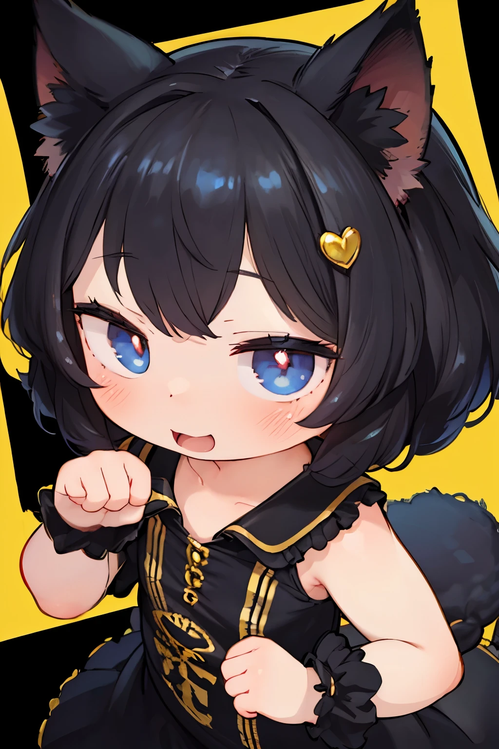 from above, face focus, best quality, masterpiece, cute black cat beast girl, shining gold unusual pupils, fist pump, happy expression, black short hair, pastel color background