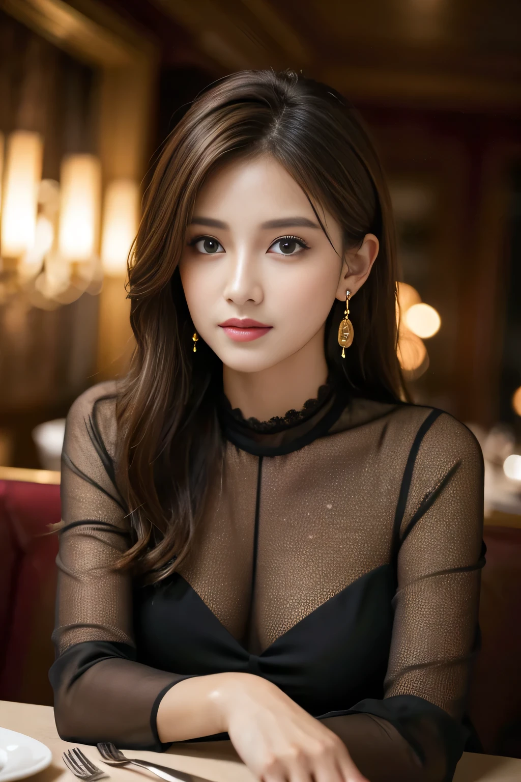 masterpiece, highest quality, Realistic, Very detailed, Finer details, High resolution, 8k wallpaper, One beautiful woman, Wear an elegant black see-through blouse, In a great restaurant, At night, Light brown messy hair, Perfect dynamic composition, Beautiful and beautiful eyes、Big earrings