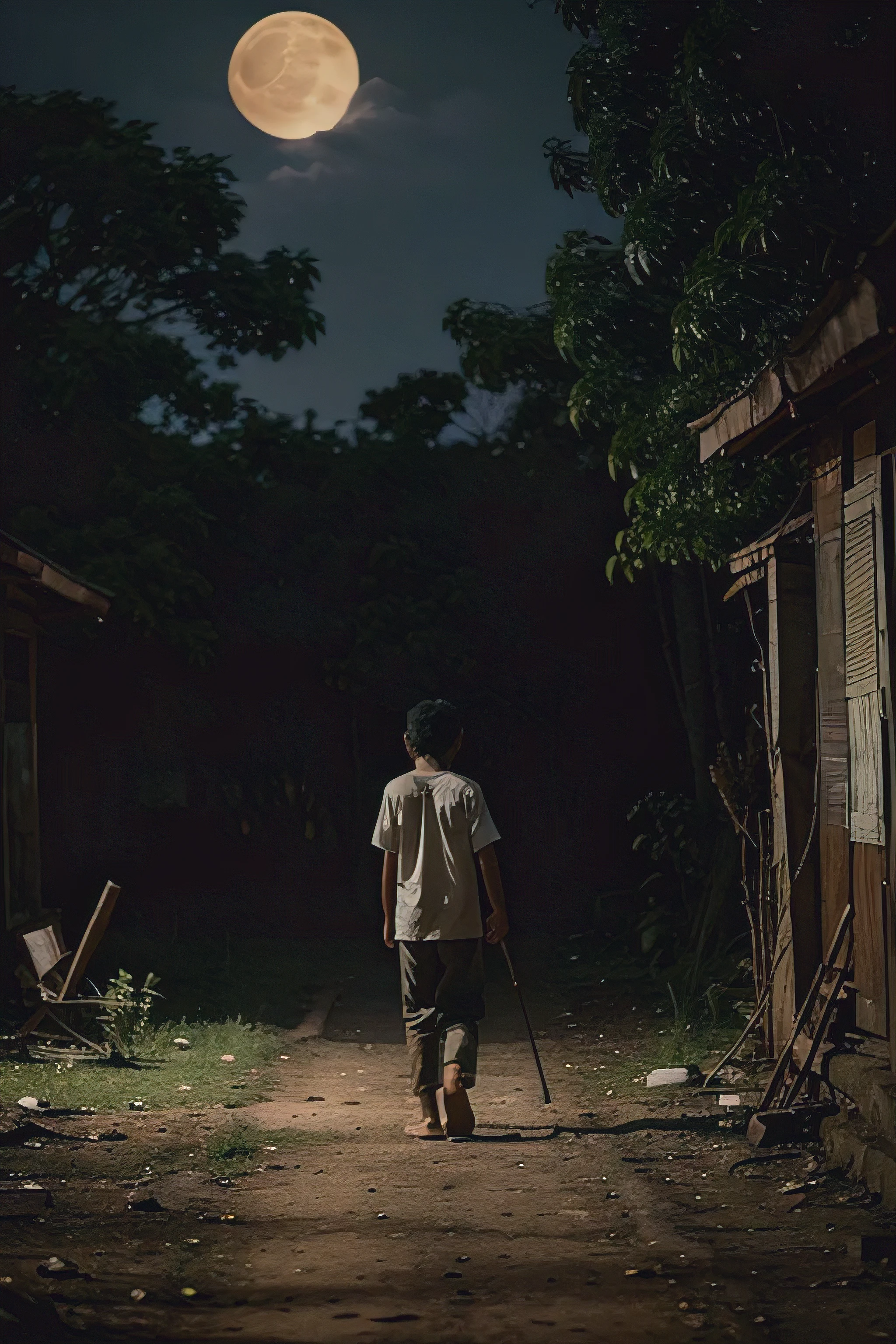 A boy who walk away at midnight like in a forest , with very scared he was a ghost. The please in Cambodia with a old house. Around him look very horrible and the moon is very scary