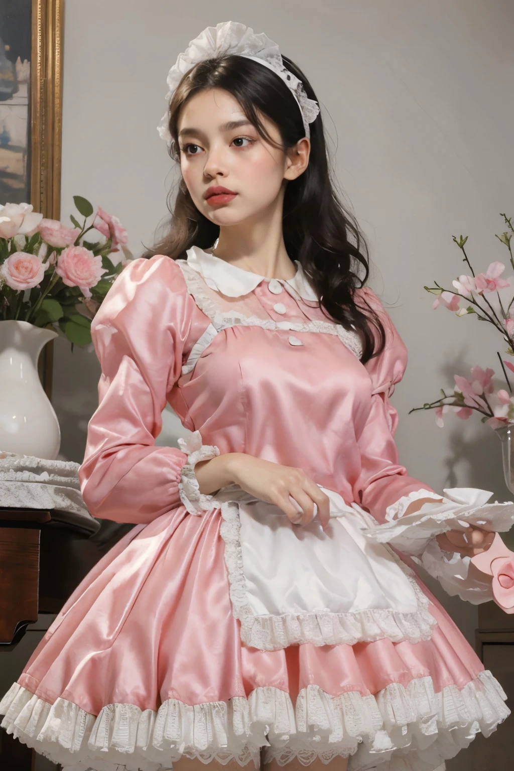 1girl,maid outfit,extremely beautiful girl,highly detailed,intricate details,delicate features,flawless skin,long flowing hair,detailed eyes,detailed lips,mesmerizing gaze,elegant pose,graceful movements,soft lighting,warm color palette,ethereal,dreamlike,delicate,translucent,sheer fabric,shimmering,glowing,serene,cinematic,photorealistic,8k,high resolution,masterpiece,digital art, m4id, very wide short skirt, petticoat, dress, apron, frills, headpiece, 