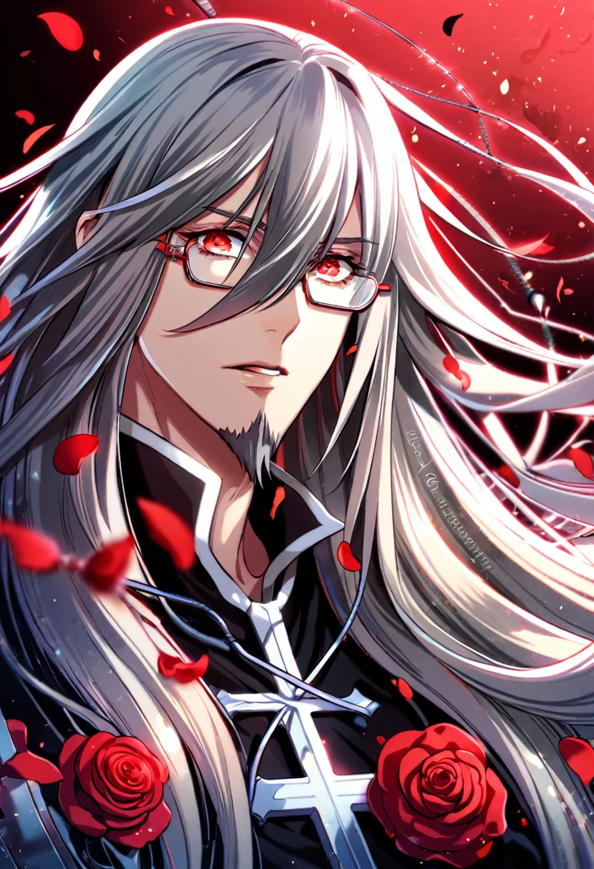 absurdres, highres, ultra detailed, HDR, master piece, best quality, Cross Marian, red vibran long hair, hair between the eyes, with bangs, expressive red eyes, D.Gray-man, wire-framed glasses, goatee colored red, solo, sexy man, handsome, black clothes, magical, fantasy, red background, red roses, shining, red petals, red glittering fireflies