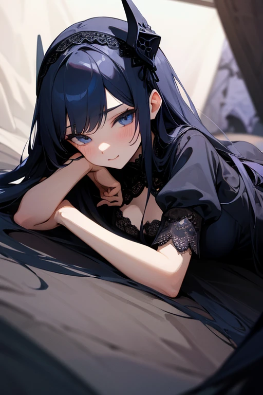 black and navy lace dress、cute、Villainess、head band、sexy、Lying down、