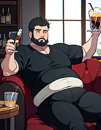 Only plump, chubby, extremely thick thighs, large belly, fat, age 45, bearded, usando apenas sunga branca,((Fios de Cabelos cor preto)) he is holding a glass of drinks, he is holding a glass of drink, he is holding a bottle of drink, he is holding a mug of choop.