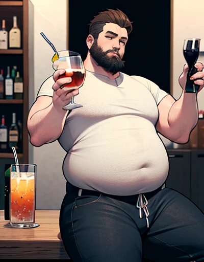 Only plump, chubby, extremely thick thighs, large belly, fat, age 45, bearded, usando apenas sunga branca,((Fios de Cabelos cor preto)) he is holding a glass of drinks, he is holding a glass of drink, he is holding a bottle of drink, he is holding a mug of choop.