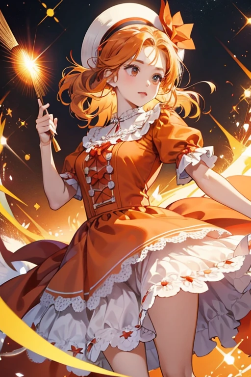 Boss Madeleine wears an orange dress with white fluffy trim on the collar and bottom, red waistline, and red bows near the bottom. She usually carries around a matching white fluffy fan that is folded up. SPARKLE; GLITTER