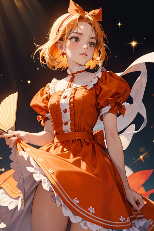 Boss Madeleine wears an orange dress with white fluffy trim on the collar and bottom, red waistline, and red bows near the bottom. She usually carries around a matching white fluffy fan that is folded up. SPARKLE; GLITTER