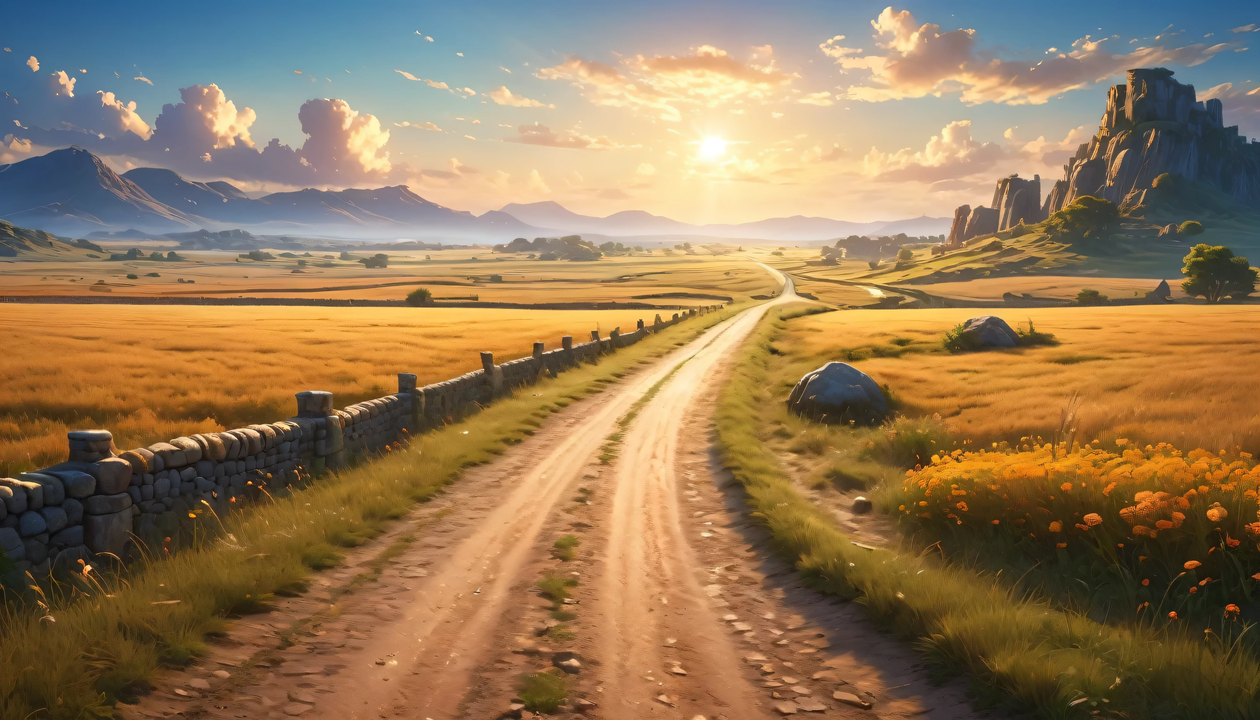 (anime, fantasy), (best quality, high resolution, depth of filed, HDR:1.2), (a lone road in the empty field, plain, stone bridge, dirt road, trading caravan, no trees), fantasy landscapes. A mesmerizing fantasy with enchanting elements blending seamlessly, beautiful, extremely detailed, intricate, delicate, serene fantasy, bokeh, cinematic lighting, 8k, high quality