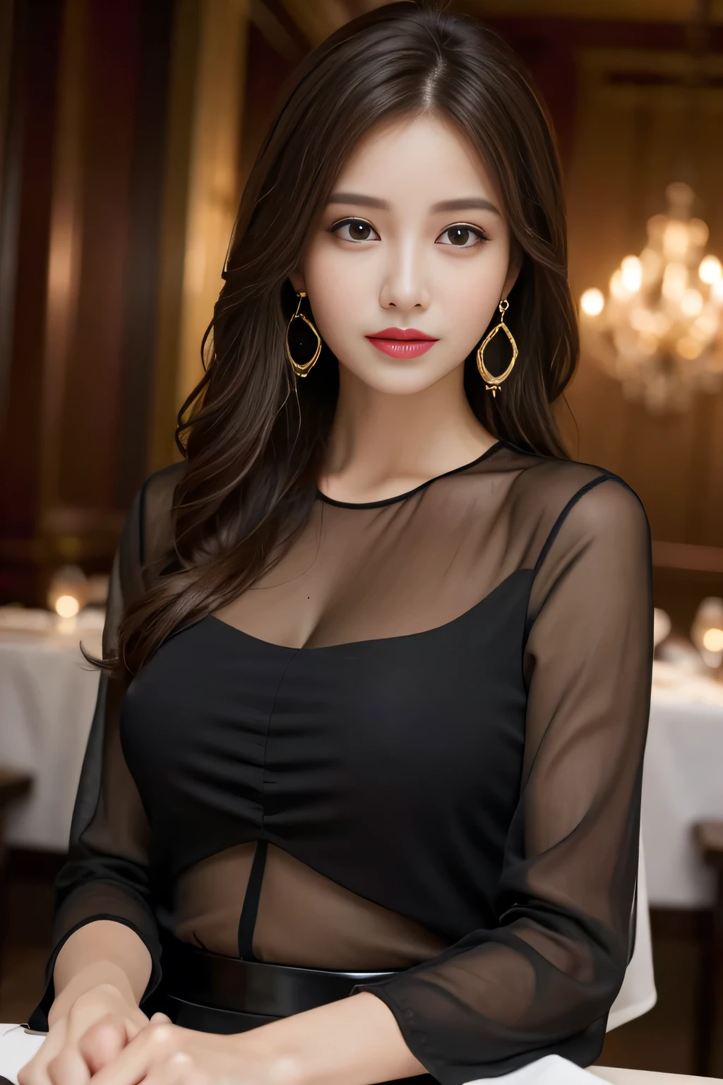 masterpiece, highest quality, Realistic, Very detailed, Finer details, High resolution, 8k wallpaper, One beautiful woman, Wear an elegant black see-through blouse, In a great restaurant, At night, Light brown messy hair, Perfect dynamic composition, Beautiful and beautiful eyes、Big earrings