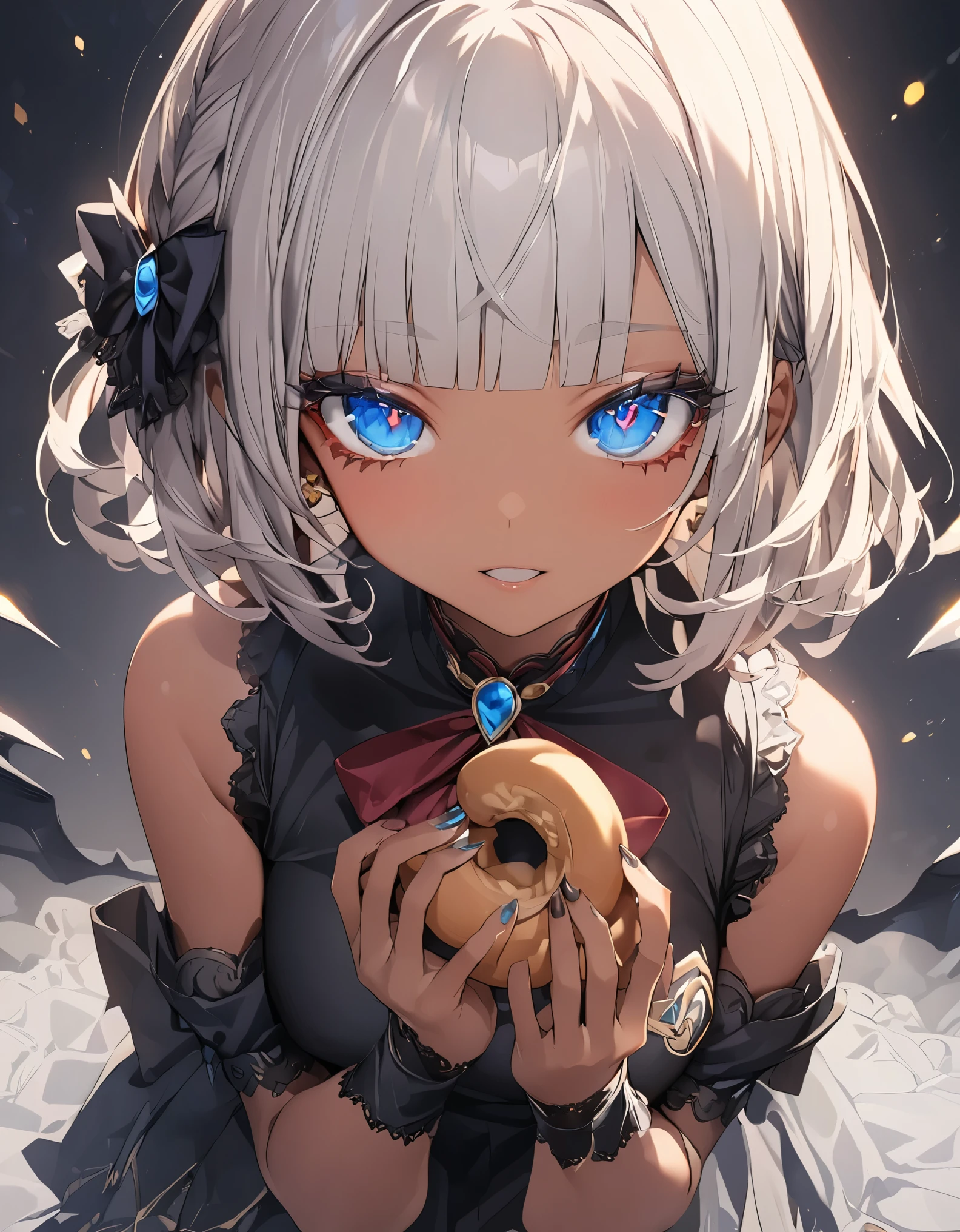 masterpiece, highest quality, Very detailed, High resolution, ,A girl in a magic , (Dark Skin:1.2), Silver Hair, (short hair:1.4), (Blunt bangs:1.3), Curly Hair, Wavy Hair, Drill Hair, (eyelash:1.3), (eye shadow:1.3), (Blue eyes:1.5), (Beautiful fine details:1.4), Eyes half closed, Height: 130cm, original character, Fantasy, (Black background:1.2), Beautiful fingers, Are standing, (lace spats:1.5), (Cashew:1.5)
