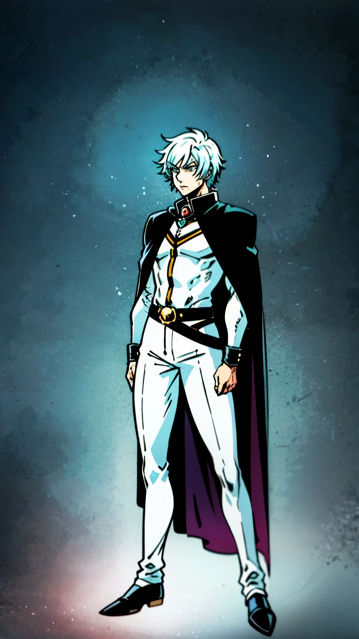 A young man with Greenish-blue spiky short hair, middle part bangs, a disdainful look, slender eyebrows, delicate features, a robust physique, a fantasy-style purple and white tight outfit, a black collar connected to a dark blue cape, a white belt attached to a red and white hem, sky-blue trousers, green flowing light surrounding him, standing on a long street at night, side view, this character embodies a finely crafted fantasy-style warrior in anime style, exquisite and manga art style, dramatic, high definition, best quality, highres, ultra-detailed, ultra-fine painting, extremely delicate, professional, perfect body proportions, golden ratio, anatomically correct, symmetrical face, extremely detailed eyes and face, high quality eyes, creativity, RAW photo, UHD, 32k, Natural light, cinematic lighting, masterpiece-anatomy-perfect, masterpiece:1.5