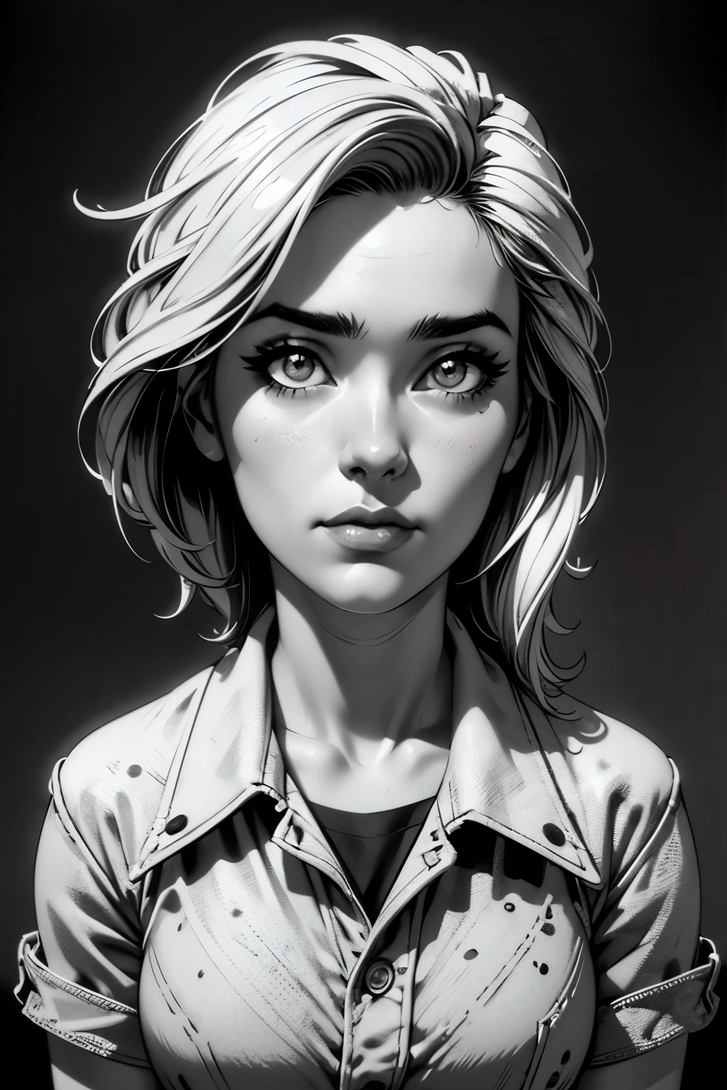 A girl in a mugshot, sketch, black and white, detailed features, cute, vintage style, high contrast lighting, expressive eyes. (best quality, highres, realistic:1.37), vintage, monochrome, intense gaze, dramatic lighting, rugged background, distressed paper texture, retro vibes, id photo, front view