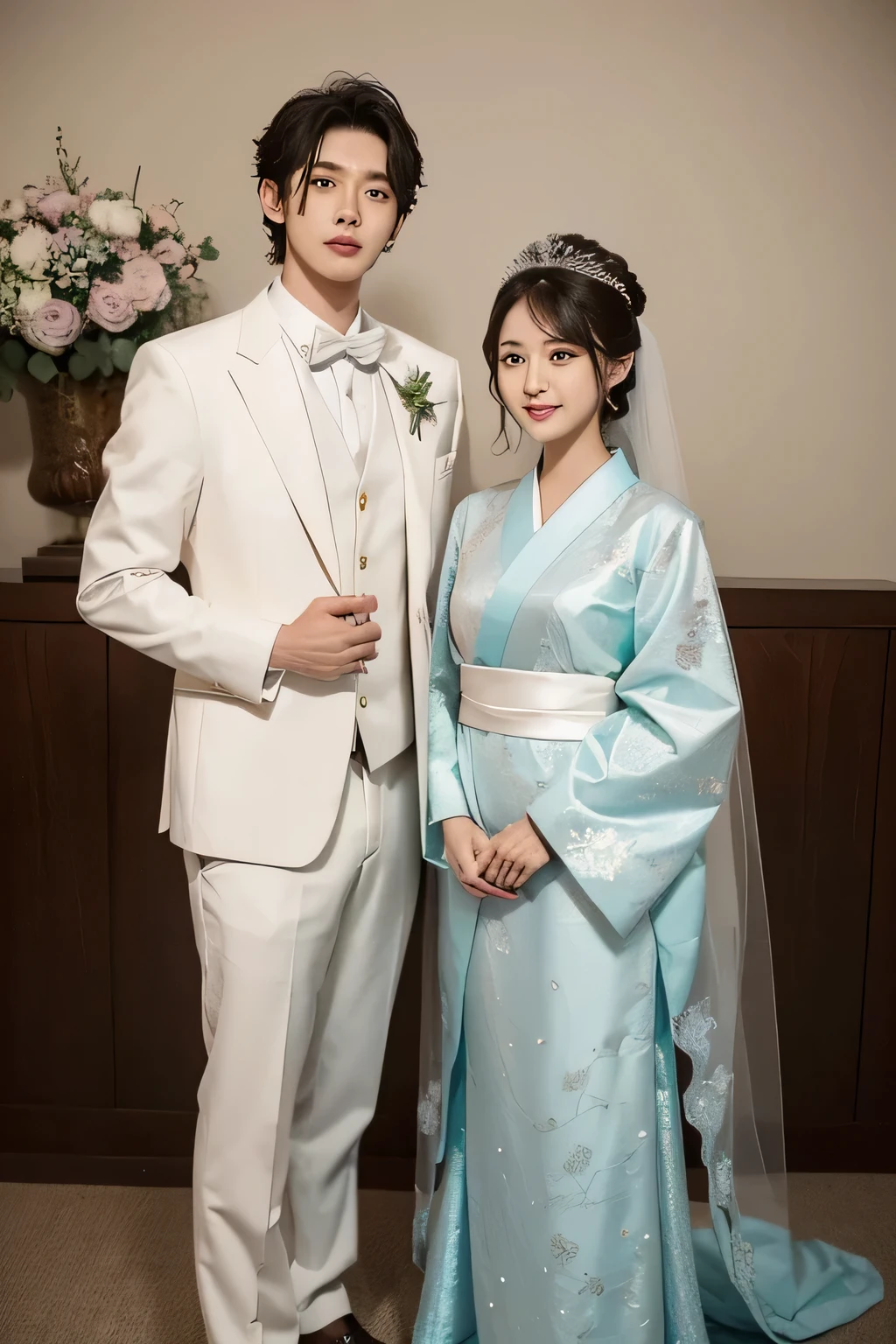 Bride and groom posing for photo in formal clothes, Photo by Ke Jiusi, Instagram, realism, cai xukun, Wedding Photos, Home, strictjun chengt, from me, Nam Jae Yeon, strict, cute couple, Shrine maiden, Height 165 cm, Height 155 cm, EUR, Kim Tae-jun, Who is Shi Yu?