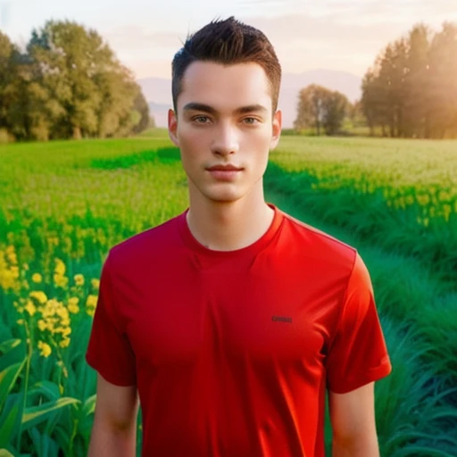 arafed man in a red shirt standing in a field of flowers, light stubble with red shirt, red shirt, Rafael Pernaz, Forrest in the background, Anton Fadeyev 8 g.C, Avatar, Anton Fedeyev, แนวตั้งCุณภาพสูง, มิวสิCวิดีโอ, Profile picture 1024px, in the beautiful background, Artem, Environmental Shots