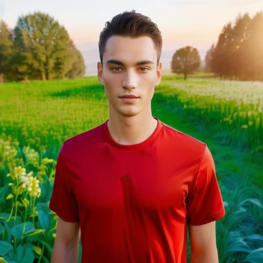 arafed man in a red shirt standing in a field of flowers, light stubble with red shirt, red shirt, Rafael Pernaz, Forrest in the background, Anton Fadeyev 8 g.C, Avatar, Anton Fedeyev, แนวตั้งCุณภาพสูง, มิวสิCวิดีโอ, Profile picture 1024px, in the beautiful background, Artem, Environmental Shots