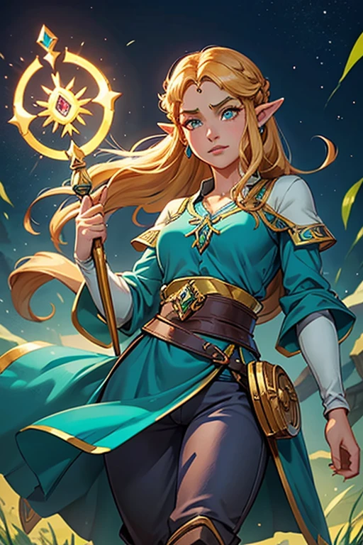 princess zelda, 1 garota, artist request, cinto, cabelo loiro, camisa azul, livro, Botas, inexpressivo, corpo todo, olhos verdes, high resolution, olhando para o espectador, Magia, nintendo, pants, Orelhas pontudas, camisa, cabelo curto, fundo simples, Sozinho, A Lenda de Zelda, A Lenda de Zelda: sopro da natureza, A Lenda de Zelda: Tears of the Kingdom, flor feita de luz, Magia