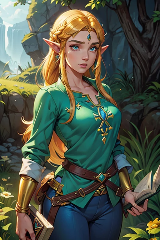 princess zelda, 1 garota, artist request, cinto, cabelo loiro, camisa azul, livro, Botas, inexpressivo, corpo todo, olhos verdes, high resolution, olhando para o espectador, Magia, nintendo, pants, Orelhas pontudas, camisa, cabelo curto, fundo simples, Sozinho, A Lenda de Zelda, A Lenda de Zelda: sopro da natureza, A Lenda de Zelda: Tears of the Kingdom, flor feita de luz, Magia