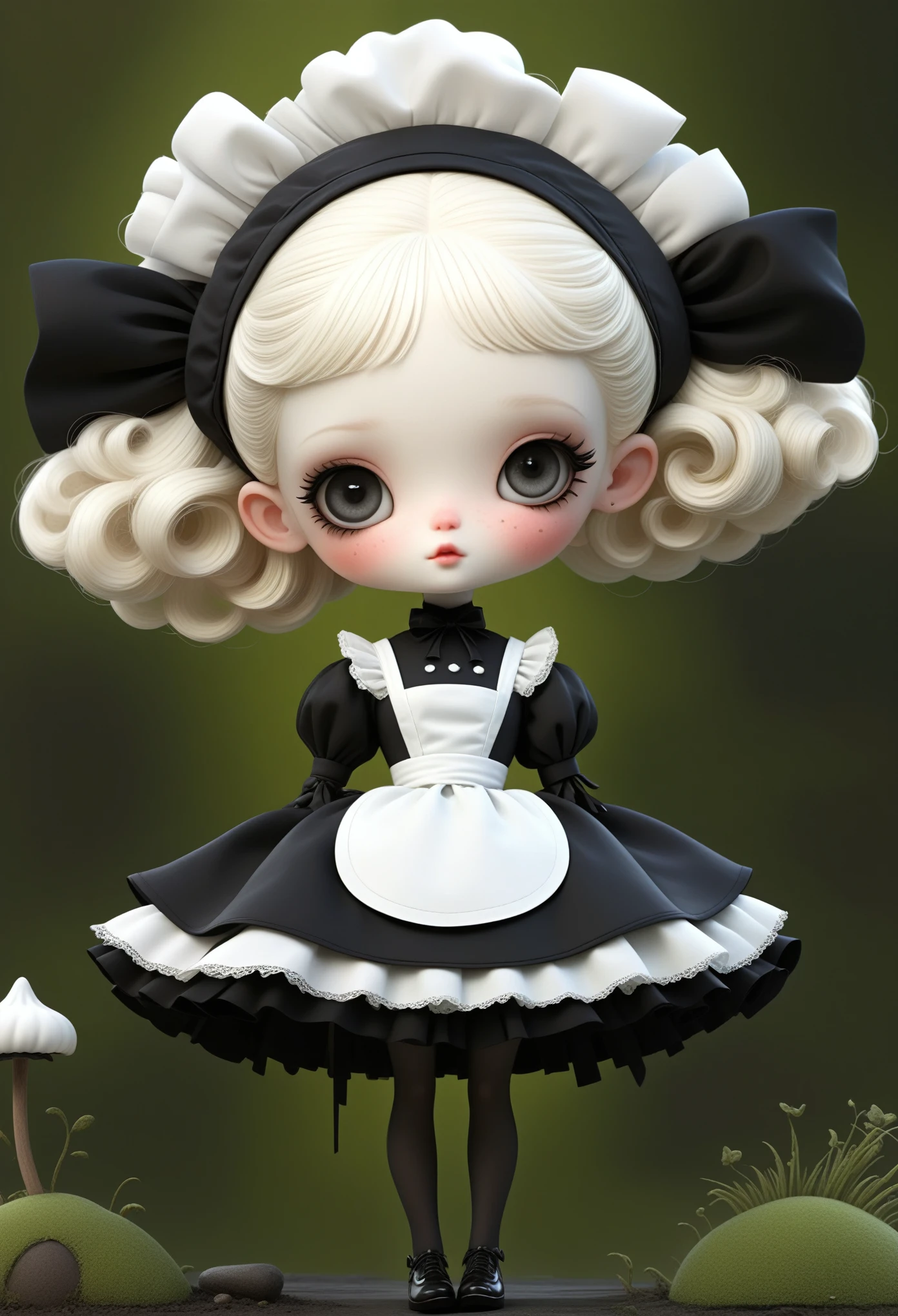 Micro Landscape：Real Barbie，Close up of a doll wearing a black and white dress, Ray Caesar (Ray Caesar) Inspired 3D rendering, Polycount competition winner, Gothic art, Maid costume, Gothic girl anime girl, Weird art style, Maid costume, Artwork in the style of Guweiz, , Witch Costume, dark and fear style, fear!! Very detailed