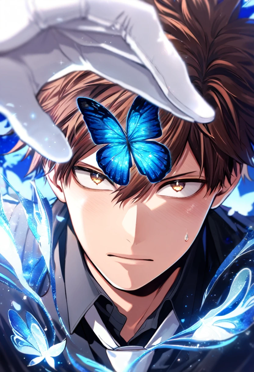 Ultra detailed, HDR, Highres, absurdres, master piece, Chisaki Kai, Overhaul, brown hair, short hair, expressive golden eyes, black shirt, white necktie, white gloves, Boku No Hero Academia, glittering small blue butterflies, petals, blue flowers, handsome, sexy man, extremely detailed face and eyes, glittering, blue background, perfect face, best quality, blue flames, magical, fantasy,