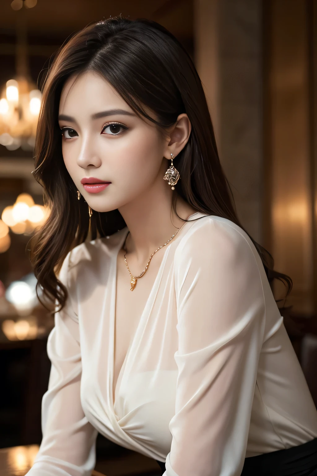 masterpiece, highest quality, Realistic, Very detailed, Finer details, High resolution, 8k wallpaper, One beautiful woman, Wear an elegant black see-through blouse, In a great restaurant, At night, Light brown messy hair, Perfect dynamic composition, Beautiful and beautiful eyes、Big earrings