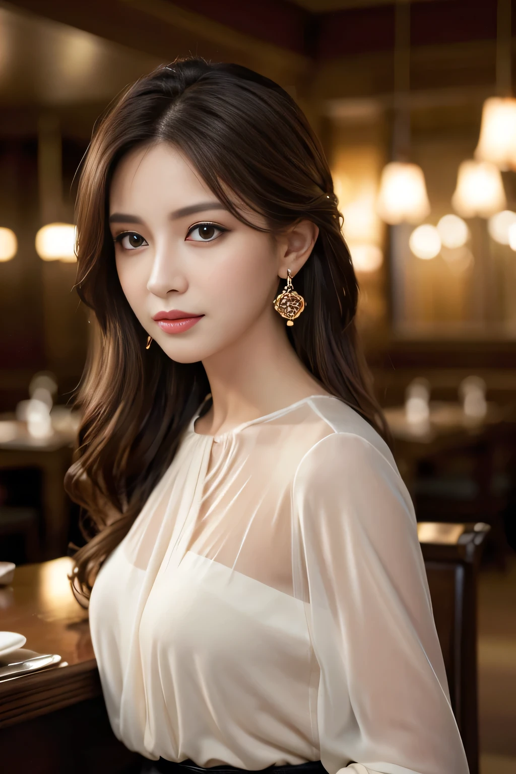 masterpiece, highest quality, Realistic, Very detailed, Finer details, High resolution, 8k wallpaper, One beautiful woman, Wear an elegant black see-through blouse, In a great restaurant, At night, Light brown messy hair, Perfect dynamic composition, Beautiful and beautiful eyes、Big earrings