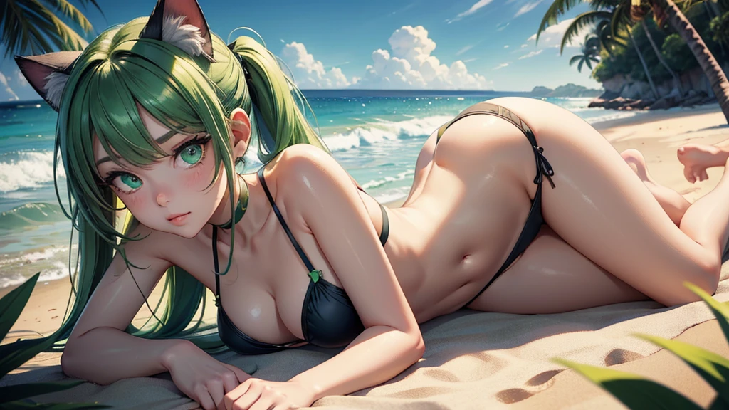 (high resolution, full body, soft skin:1.2, green twin tail),(best illustration,masterpiece:1.2),ultra-detailed,[(cat ears , green inside:1.2, green eyes),vivid colors,sharp focus,portrait,studio lighting,bokeh, wearing a 2 piece black bikini, midnight beach background, spotlight in background, laying down on the beach 