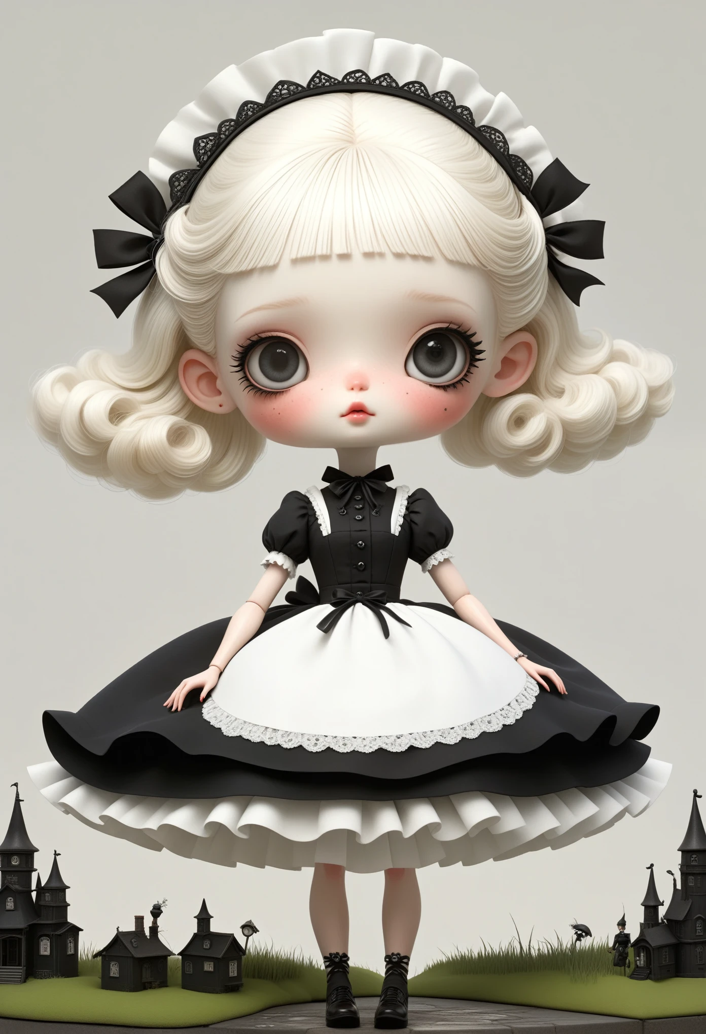 Micro Landscape：Real Barbie，Close up of a doll wearing a black and white dress, Ray Caesar (Ray Caesar) Inspired 3D rendering, Polycount competition winner, Gothic art, Maid costume, Gothic girl anime girl, Weird art style, Maid costume, Artwork in the style of Guweiz, , Witch Costume, dark and fear style, fear!! Very detailed