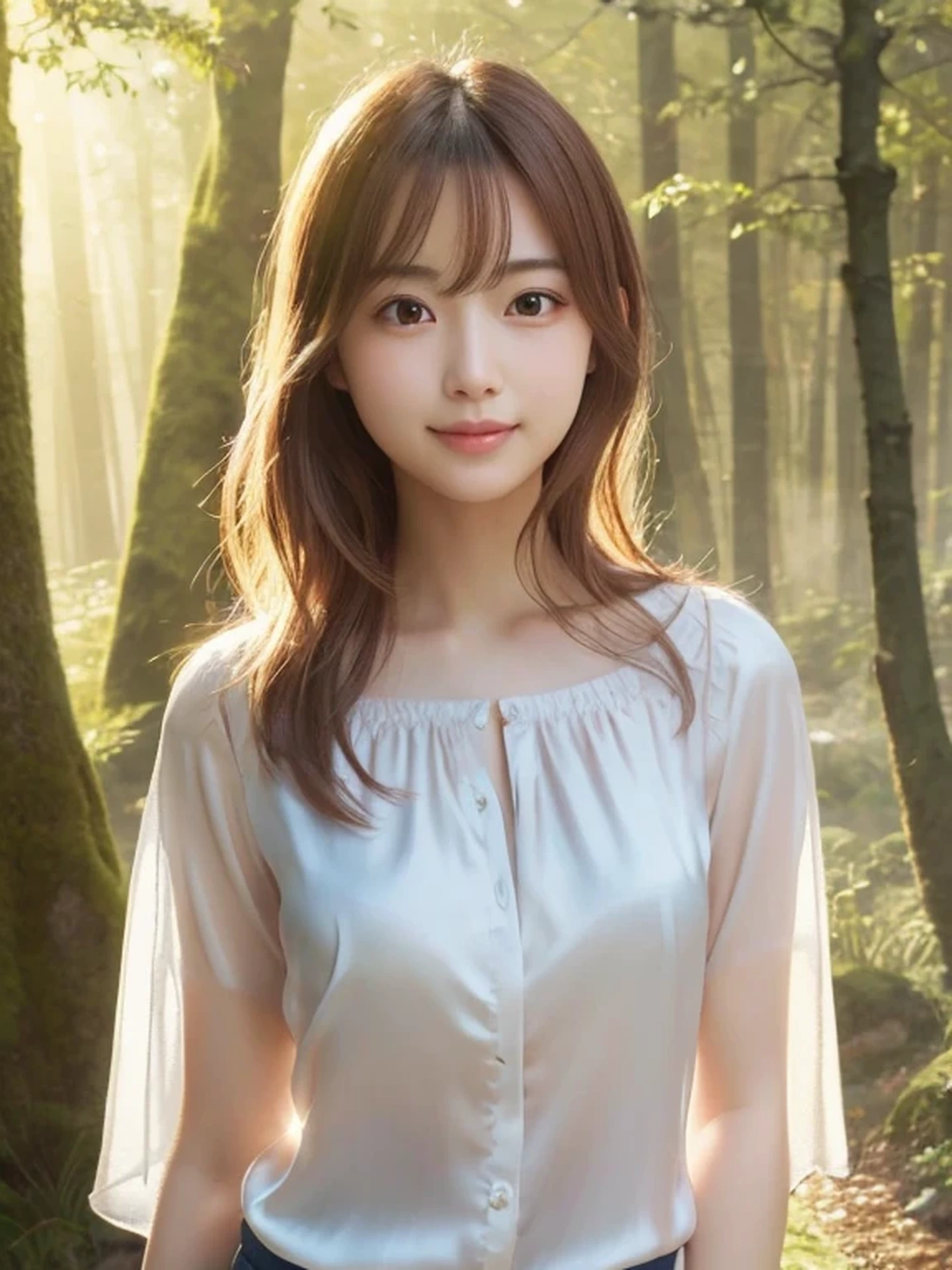 Beautiful Japanese girl, sad, open mouth to say something, shy, Soft skin and a nice perfect face, A small face with a nose and rosy lips, Beautiful Eyes, Beautiful smile. Surrounded by a bright, ethereal glow, medium hair, silk blouse, Hyperrealistic female photos, High quality high resolution 8K masterpiece, The morning sunlight shines through the misty forest path,