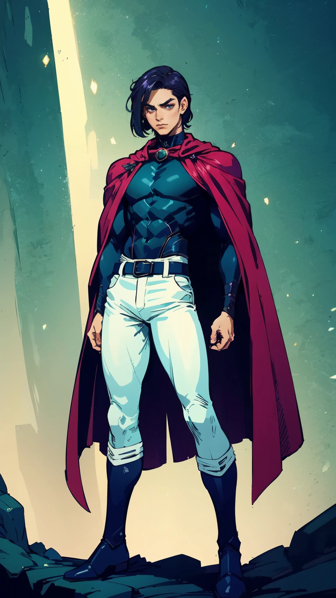 A young man with Greenish-blue spiky short hair, middle part bangs, a disdainful look, slender eyebrows, delicate features, a robust physique, a fantasy-style purple and white tight outfit, a black collar connected to a dark blue cape, a white belt attached to a red and white hem, sky-blue trousers, green flowing light surrounding him, standing on a long street at night, side view, this character embodies a finely crafted fantasy-style warrior in anime style, exquisite and mature manga art style, dramatic, high definition, best quality, highres, ultra-detailed, ultra-fine painting, extremely delicate, professional, perfect body proportions, golden ratio, anatomically correct, symmetrical face, extremely detailed eyes and face, high quality eyes, creativity, RAW photo, UHD, 32k, Natural light, cinematic lighting, masterpiece-anatomy-perfect, masterpiece:1.5