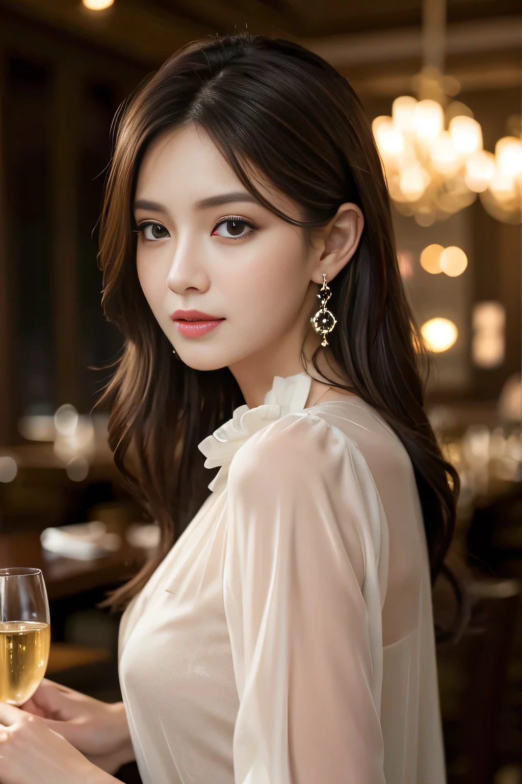 masterpiece, highest quality, Realistic, Very detailed, Finer details, High resolution, 8k wallpaper, One beautiful woman, Wear an elegant black see-through blouse, In a great restaurant, At night, Light brown messy hair, Perfect dynamic composition, Beautiful and beautiful eyes、Big earrings