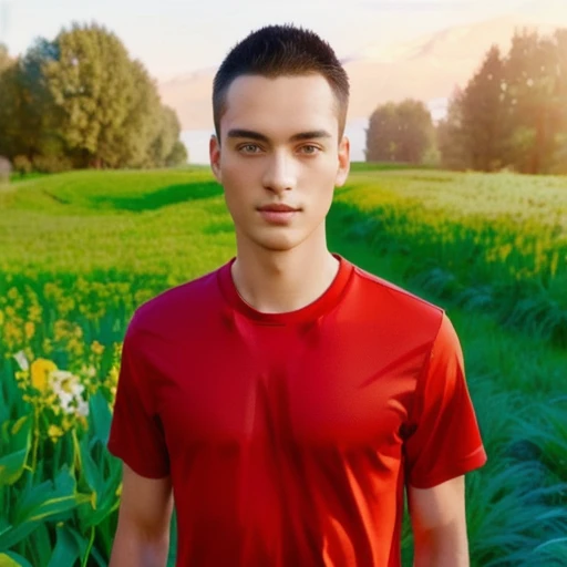 arafed man in a red shirt standing in a field of flowers, light stubble with red shirt, red shirt, Rafael Pernaz, Forrest in the background, Anton Fadeyev 8 g.C, Avatar, Anton Fedeyev, แนวตั้งCุณภาพสูง, มิวสิCวิดีโอ, Profile picture 1024px, in the beautiful background, Artem, Environmental Shots