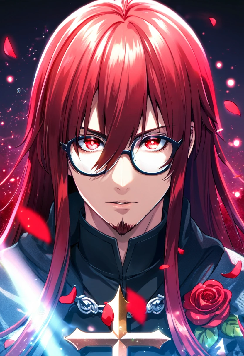 absurdres, highres, ultra detailed, HDR, master piece, best quality, Marian Cross, red long hair, hair between the eyes, with bangs, expressive red eyes, D.Gray-man, glasses, goatee colored red, solo, sexy man, handsome, black clothes, magical, fantasy, red background, red roses, shining, red petals, red glittering fireflies