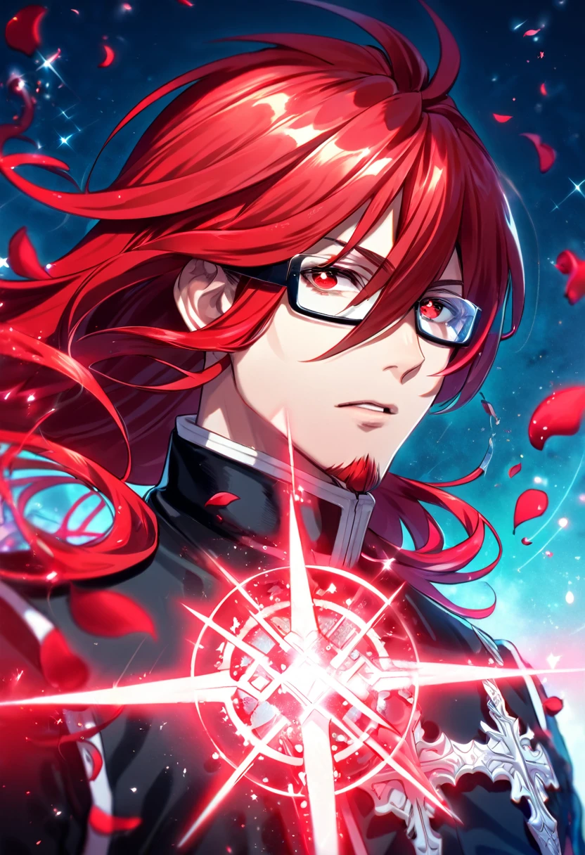absurdres, highres, ultra detailed, HDR, master piece, best quality, Marian Cross, red long hair, hair between the eyes, with bangs, expressive red eyes, D.Gray-man, glasses, goatee colored red, solo, sexy man, handsome, black clothes, magical, fantasy, red background, red roses, shining, red petals, red glittering fireflies