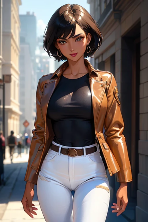 8K, (best quality:1.3), (masterpiece:1.3), (detailed:1.2), ultra high res, colorful, extremely detailed eyes and face, beautiful detailed eyes, 1girl, solo, (26 year old:1.3), (Filipino Woman:1.3), (tanned bronze skin:1.4), (short black hair:1.3), (Amber eyes:1.02), (Detailed face:0.97, (Detailed eyes:1.09), (Mascara:1.02), (Earrings:1.06), (tanned bronze skin:1.08), (Wearing: Blue jacket, white undershirt, tight jeans, belt:1.2), (agile physique:1.1), (Character Focus),Perfect Anatomy,(Professional Lighting), (Walking),(super detailed skin), (Parted lips:1.1),(Glossy lips),(lip stick), She's looking at the camera with a carefree smile