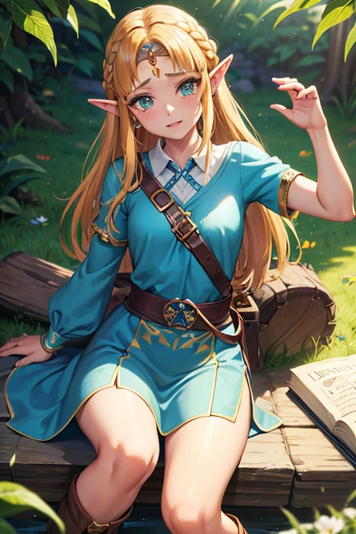 princess zelda, 1 garota, artist request, cinto, cabelo loiro, camisa azul, livro, Botas, inexpressivo, corpo todo, olhos verdes, high resolution, olhando para o espectador, Magia, nintendo, pants, Orelhas pontudas, camisa, cabelo curto, fundo simples, Sozinho, A Lenda de Zelda, A Lenda de Zelda: sopro da natureza, A Lenda de Zelda: Tears of the Kingdom, flor feita de luz, Magia