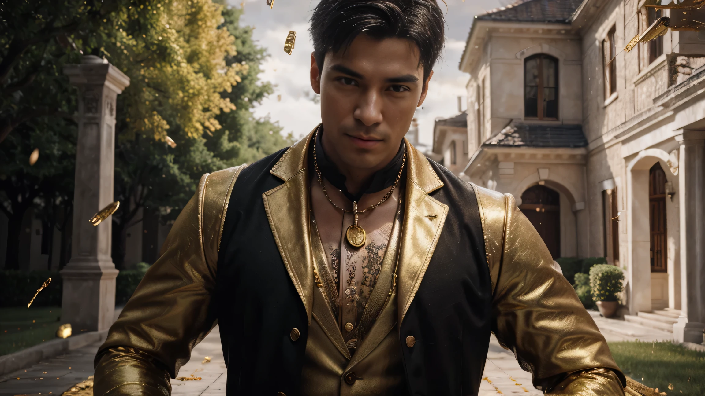 a man in front of a mansion full of gold coins falling from the sky, ultra detailed image, realism, 8k, hyper detailed skin, intense and vivid colors.