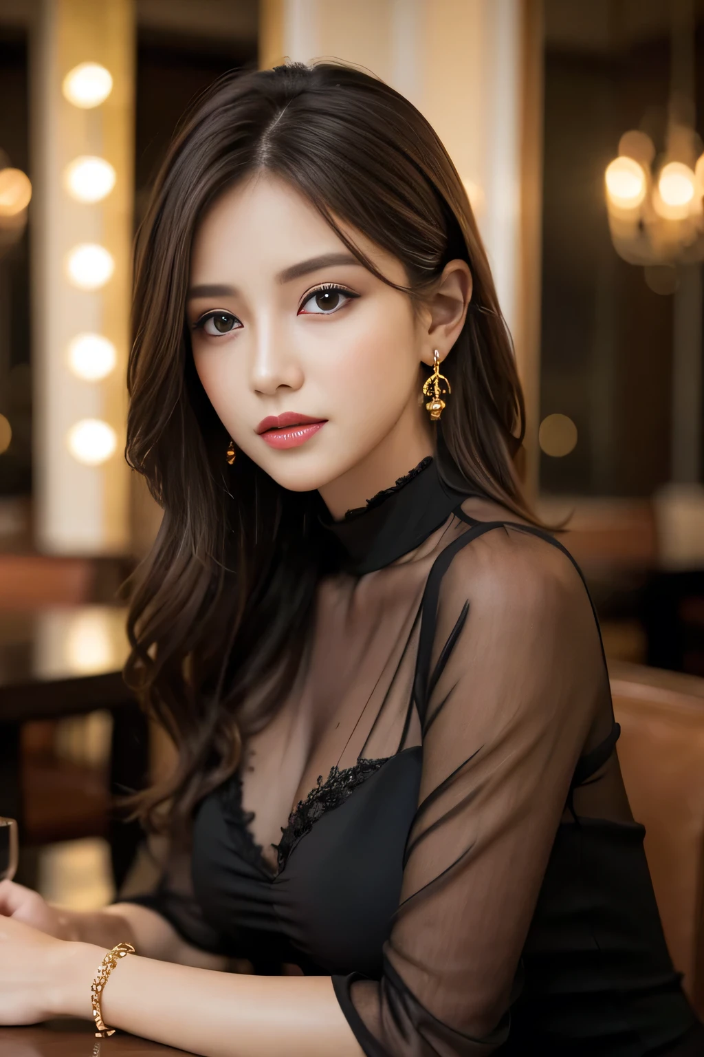masterpiece, highest quality, Realistic, Very detailed, Finer details, High resolution, 8k wallpaper, One beautiful woman, Wear an elegant black see-through blouse, In a great restaurant, At night, Light brown messy hair, Perfect dynamic composition, Beautiful and beautiful eyes、Big earrings