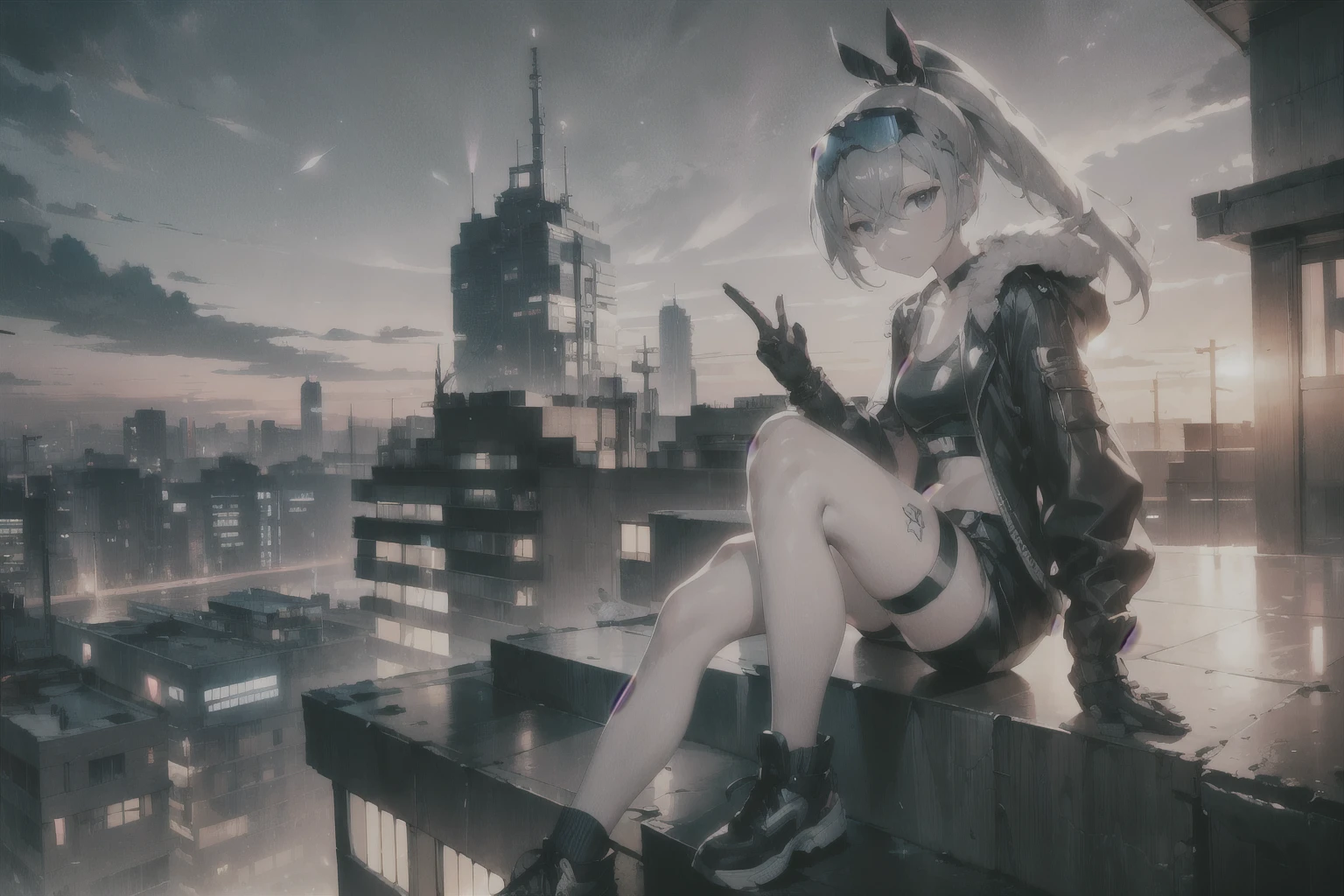 with city view, night, (Slim), Slim, behind, sitting, (shadow), blurred background, [Detailed eyes],  concentrated, 1 Girl, (One:1.2), ((masterpiece)), (small breasts), pale skin, gloves, ((Detailed environment)), (black shorts:1.2), Wellingtons, silver hair, Exterior, sitting on the (Roof edge), ponytail, shorts, cyberpunk, jacket
