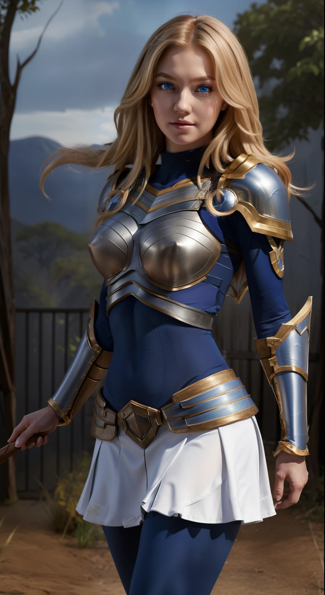 lux, league of legends, long blonde hair, blue eyes, blue tights, full chest armor, shoulder armor, skirt with frills, medium breasts, half body portrait, beautiful, fit body, looking at viewer, very detailed face,