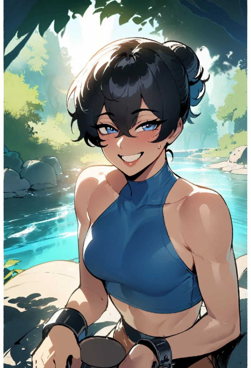 1 boy, (alone:1.2), smile, happy, (masterpiece:1.3), (best quality:1.3), (perfect anatomy:1.4), highly detailed, Once, (next to the brown one:1.2), black hair , blue eyes, bun, (blue halter neck top: 1.3), cuff, cuffs, (bare shoulders: 1.2), sleeveless, (secluded river landscape: 1.2), (sunlight through trees: 1.3 ), light, natural rock formations, Nature, nyantcha, expressive faces, anime inspired, (cell shading: 1.2), feminine male, femboy, gay male.