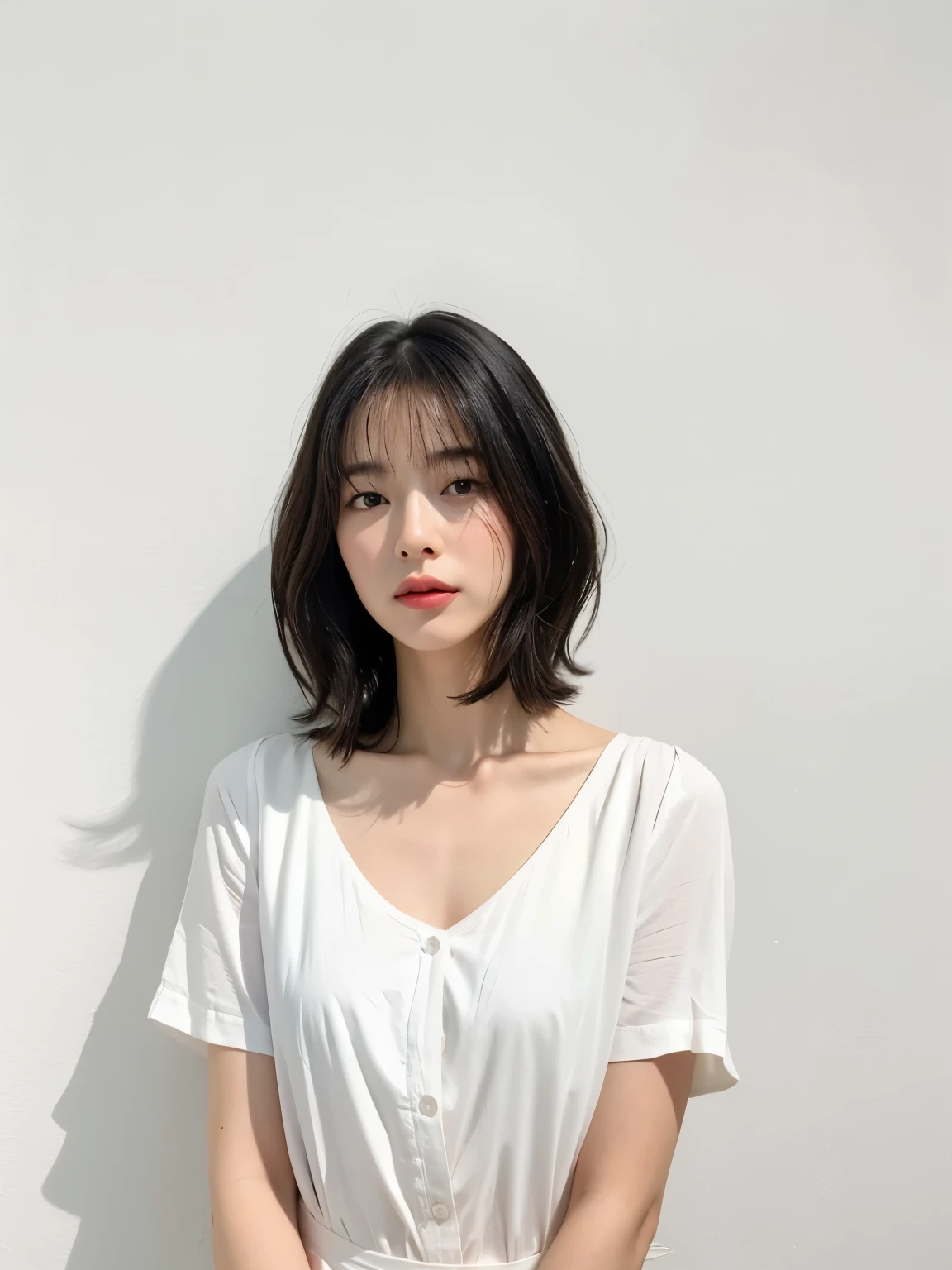 Stylish pink short sleeve top、(White wall background、Hair length is above chest:1.4)、Layered Cut、In front of a white door、Look down、ennui、(In a room with white walls and a window)、((highest quality、8k、masterpiece:1.3))、Ultra-high resolution、(photoGenuineistic:1.4)、RAW Photos、Japanese,(Detailed aspect)、Genuine、Photographed in natural light、Highly detailed face and skin texture、Highly detailed lips、The correct state of the human body、Medium Hair、Black Hair、Mr.々A pose、Natural color lip