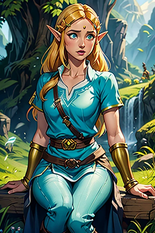 princess zelda, 1 garota, artist request, cinto, cabelo loiro, camisa azul, livro, Botas, inexpressivo, corpo todo, olhos verdes, high resolution, olhando para o espectador, Magia, nintendo, pants, Orelhas pontudas, camisa, cabelo curto, fundo simples, Sozinho, A Lenda de Zelda, A Lenda de Zelda: sopro da natureza, A Lenda de Zelda: Tears of the Kingdom, flor feita de luz, Magia