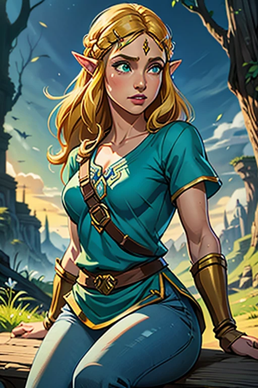 princess zelda, 1 garota, artist request, cinto, cabelo loiro, camisa azul, livro, Botas, inexpressivo, corpo todo, olhos verdes, high resolution, olhando para o espectador, Magia, nintendo, pants, Orelhas pontudas, camisa, cabelo curto, fundo simples, Sozinho, A Lenda de Zelda, A Lenda de Zelda: sopro da natureza, A Lenda de Zelda: Tears of the Kingdom, flor feita de luz, Magia