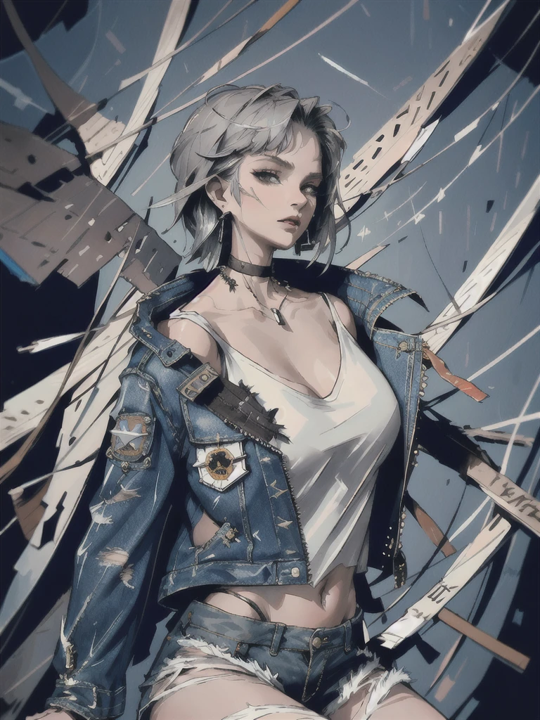 (masterpiece:1.2, best quality), (1lady, solo, upper body:1.2), Hair: buzz cut, Clothing: oversized, distressed denim jacket with patches and pins, paired with black skinny jeans and combat boots, Accessories: silver hoop earrings and a black choker necklace, Hanging out in an underground music venue or street art exhibit