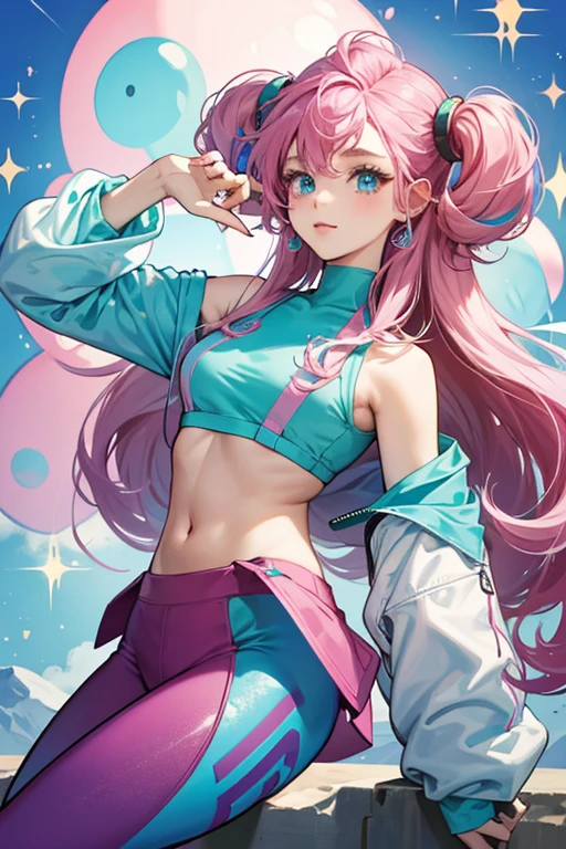 (Jessica Alba), woman with pink and blue makeup and a pink and blue jacket, brown girl in a cosmic dress, cartoon look, ava max, large eyes, lisa frank style, long brown hair and large eyes, ahegao face, alexa grace, wearing atompunk jumpsuit, inspired by Lisa Frank, perfect ass wearing a colorful G-String, nice underwear Back view, captured from behind, G-string, see booty, naked on bottom