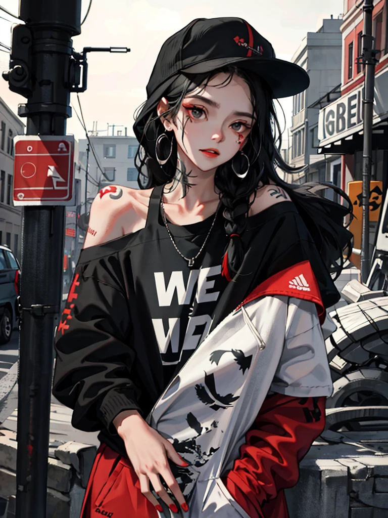 1girll,Back shadow splatter, red paint splatter Sweatshirt(black ish color),face and neck tattoo, An off-the-shoulder garment,baseball cap,Alchemy Laboratory,the mystery of unknown territories,Put your hands in your pockets,random colorful long hair,Shoulder-length hair,Black eyes,Game scene graph, raining street background