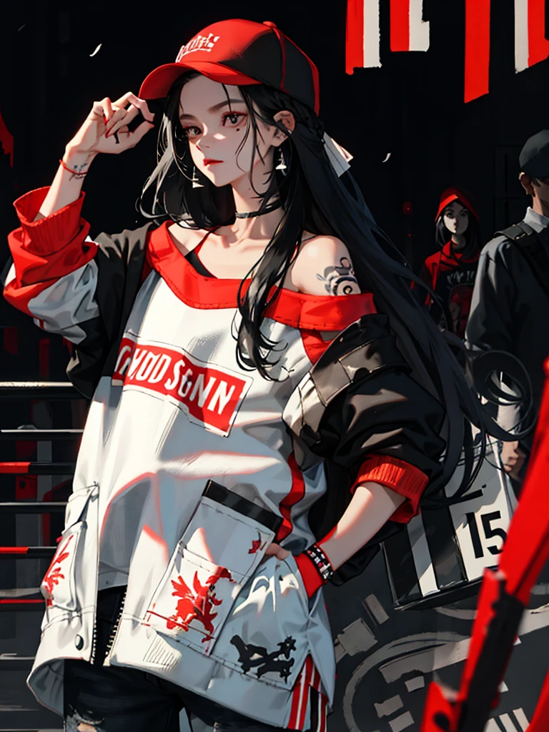 1girll,Back shadow splatter, red paint splatter Sweatshirt(black ish color),face and neck tattoo, An off-the-shoulder garment,baseball cap,Alchemy Laboratory,the mystery of unknown territories,Put your hands in your pockets,random colorful long hair,Shoulder-length hair,Black eyes,Game scene graph, raining street background