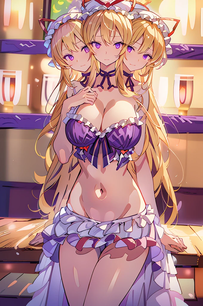 (masterpiece, best quality), best quality, (ultra-detailed), (3heads:1.5), 1girl, (yakumo yukari:1.3), masterpiece, best quality, ultra quality, ultra resolution, ultra detail, purple top, crop top, ((stomach)), midriff, ((groin)), purple skirt, frilled skirt, normal ears, shackles, blonde hair, very long hair, wavy hair, sidelocks, purple eyes, parted lips, open belly, sweat, cute, toned belly, hand on own chest, eyelashes, (24 year old woman:1.3), (masterpiece:1.5), (best quality:1.5), (beautiful detailed), extremely detailed CG, extremely delicate and beautiful, depth of field, (finely detailed face), (perfect details:1.2), (mature female:1.3), wide pelvis, slender, large veiny breast, 16k resolution, highres, high quality, high definition, extremely detailed, masterpiece, best quality, blonde hair, long hair, alluring presence, braid, short skirt, close up, big tits, young, frills, hat, hat ribbon, midriff, nsfw,
