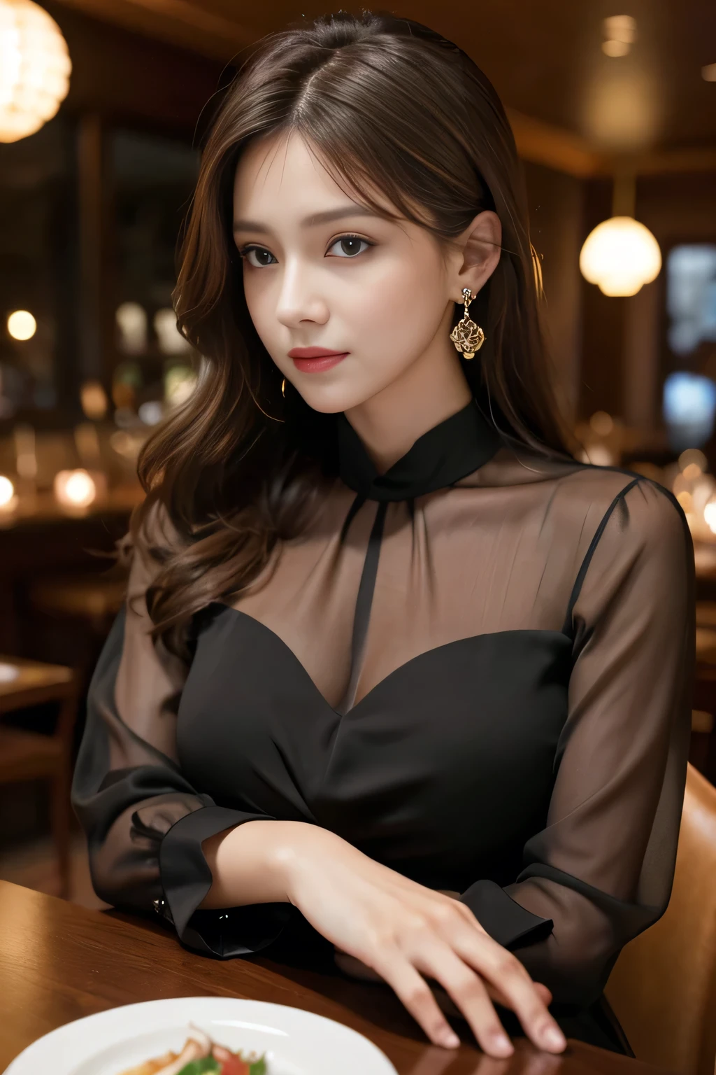masterpiece, highest quality, Realistic, Very detailed, Finer details, High resolution, 8k wallpaper, One beautiful woman, Wear an elegant black see-through blouse, In a great restaurant, At night, Light brown messy hair, Perfect dynamic composition, Beautiful and beautiful eyes、Big earrings