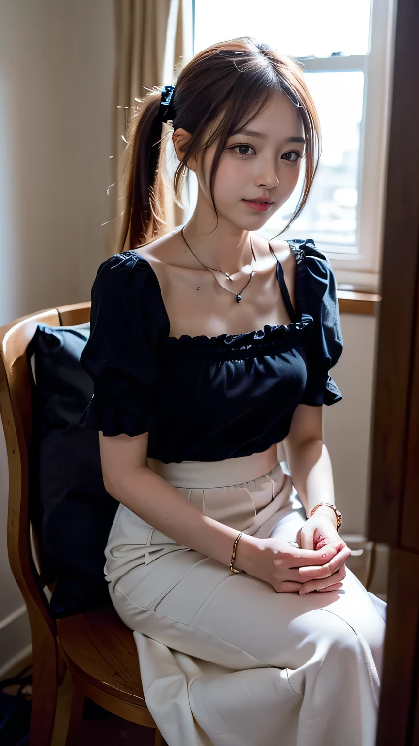 (woman sitting on a chair in the office:1.3、The background is the office)、(Realistic、Like a photograph、Live Action、8k, Realistic, RAW Photos, Best image quality: 1.4), Single-lens reflex camera、RAW Photos, highest quality, Realistic, Very detailed CG Unity 8k wallpaper, Written boundary depth, Cinematic Light, Lens flare, Ray Tracing, Realistic background、(Ruffled blouse:1.2、(Mermaid Skirt:1.5,Long skirt)、Big Breasts:1.37、((Wear a name tag around your neck)))、((ultra high density skin))、 1 female,Cute Japanese Woman、Japanese office lady at work、((whole body:1.5),View the computer:1.1、smile、(Medium Hair、Short Ponytail:1.3)、I like that style、stylish、Very detailed、Pay attention to the details、Perfect outfit、(Sunburned skin)、Beautiful feet:1.1,Anatomically correct body、Accurate Fingers、Sitting、View from the front